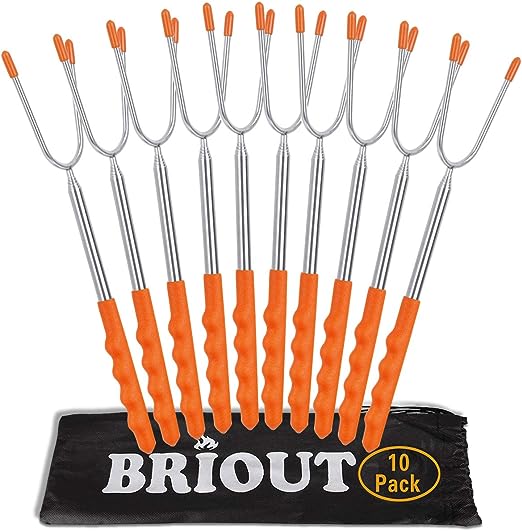 Briout Marshmallow Roasting Sticks 10 Pack Extra Long 45’’ Stainless Telescoping Hot Dog Smores Skewers Kids Safe Barbecue Forks for Campfire, Bonfire and Grill