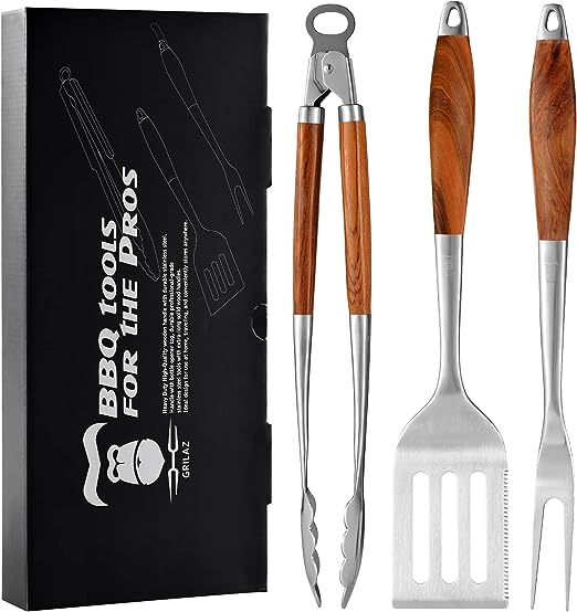 GRILAZ Heavy-Duty Rose Wooden BBQ Grilling Tools Set. Extra Thick Stainless Steel Multi-Function Spatula, Fork & Tongs | Essential Accessories for Barbecue & Grill. Ideal Gift for Father