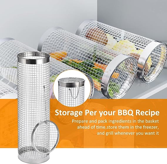 Grill Basket 2 PCS, BBQ Grill Basket, Rolling Grilling Basket, Stainless Steel Grill Mesh Barbeque Grill Accessories, Portable Grill Baskets for Outdoor Grill for Fish, Shrimp, Meat, Vegetables, Fries