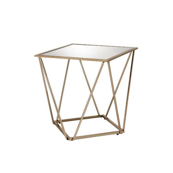 End Table with Mirror Top and Open Geometric Base， Champagne Gold