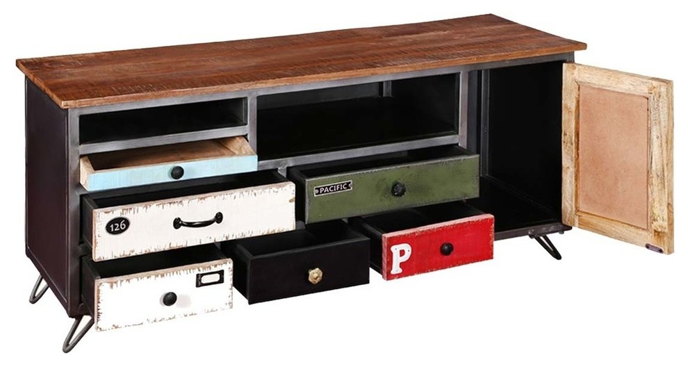 Industrial Pop Art Rustic Mango Wood  ampIron Accent Media Console   Industrial   Entertainment Centers And Tv Stands   by Sierra Living Concepts Inc  Houzz