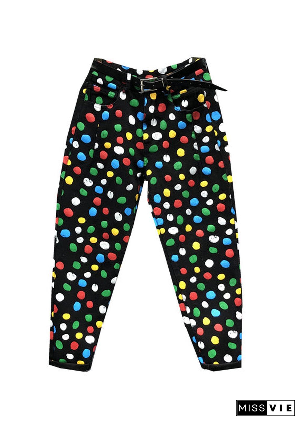 French Black Pockets Multi Dot Print Patchwork Denim Pants Fall