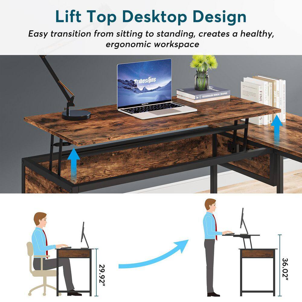 TRIBESIGNS WAY TO ORIGIN 59 in. L-Shaped Rustic Brown Wood 2 Drawer Computer Desk with Lift Top and Shelf HD-F1607