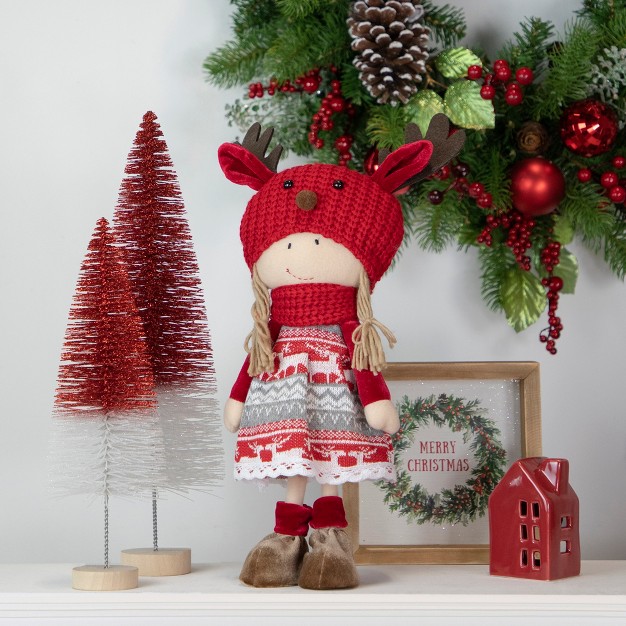 Red And White Nordic Girl With Moose Antler Hat Christmas Decoration