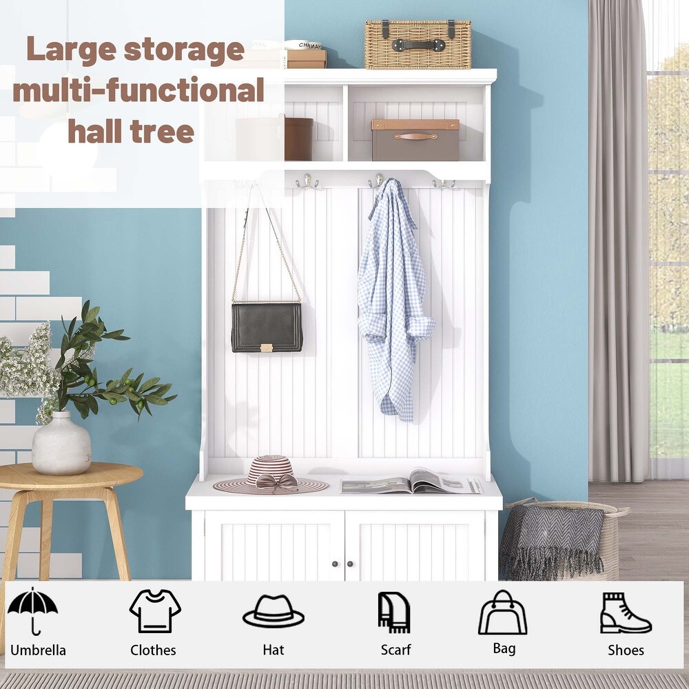 4 in 1 Hall Tree Coat Racks with Storage Shoe Bench  Stripes Wardrobe Display Cabinet for Entryway Storage Bench