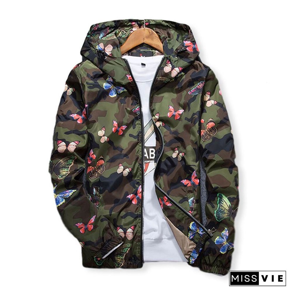 High Quality Women Windbreaker Jacket Spring Summer Camo Thin Female Camouflage Butterfly Windbreaker Coats Hooded