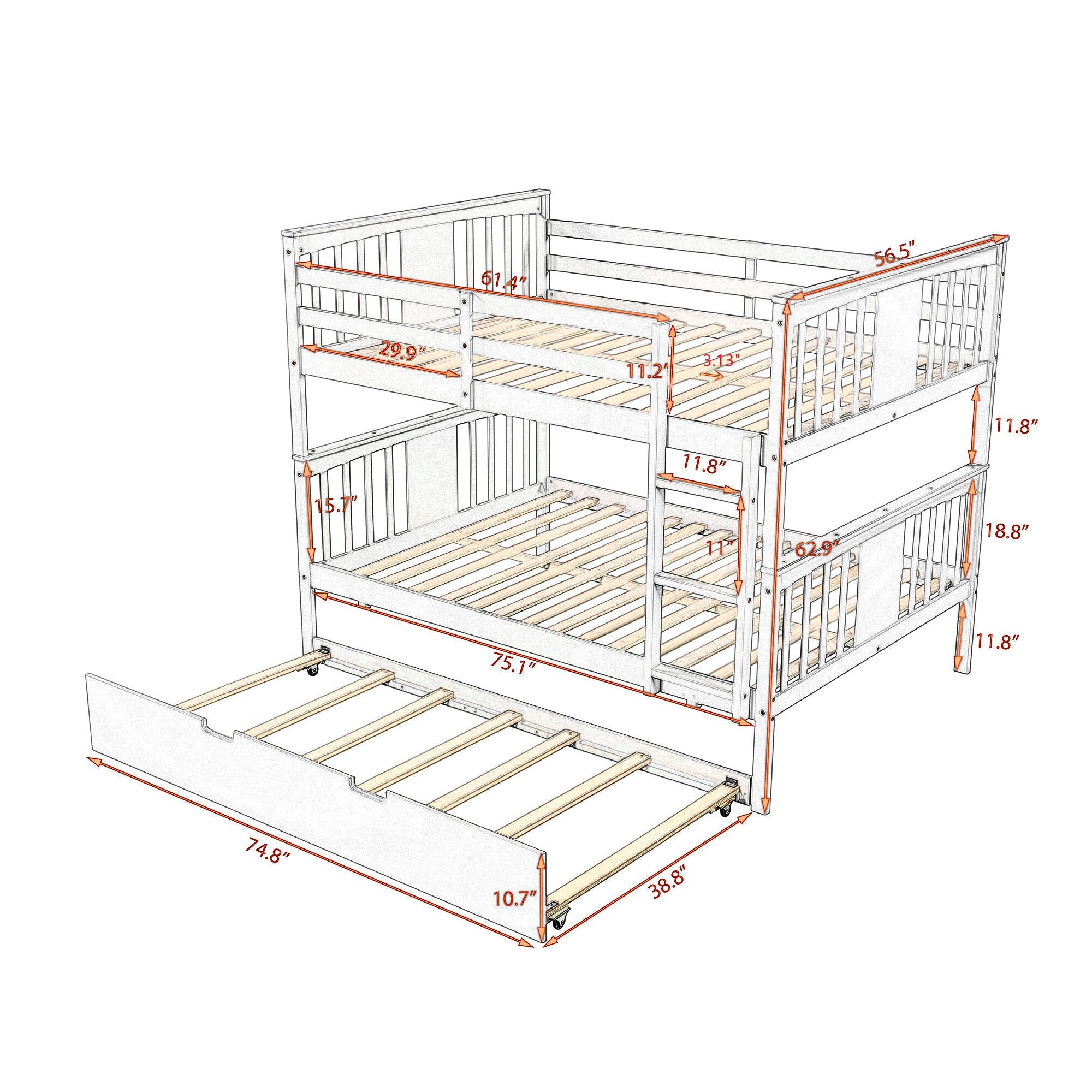 Full Over Full Bunk Bed with Twin Trundle Wood Bunk Bed Frame with Guard Rails and Ladder for Kids Boys Girls Teens Adults, Can be Convertible to 2 Beds,Espresso