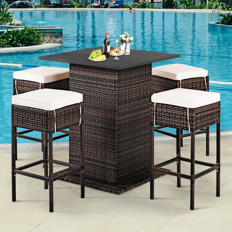 5 Pcs Rattan Patio Bar Set Counter Height Dining Table Set with Hidden Storage Shelf & Cushioned Bar Stools