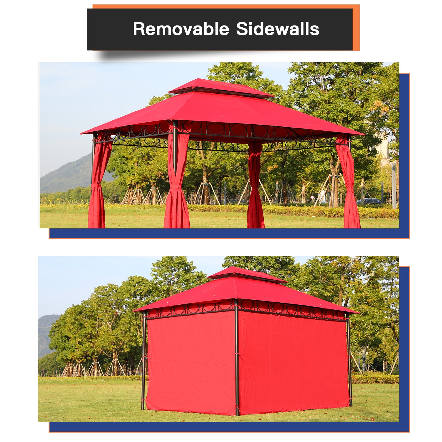 10'x13' Gazebo UV Protection Outdoor Canopy Tent Double Vented Roof Gazebos with 4 Sidewall for BBQ Party Patio Outdoor,Red