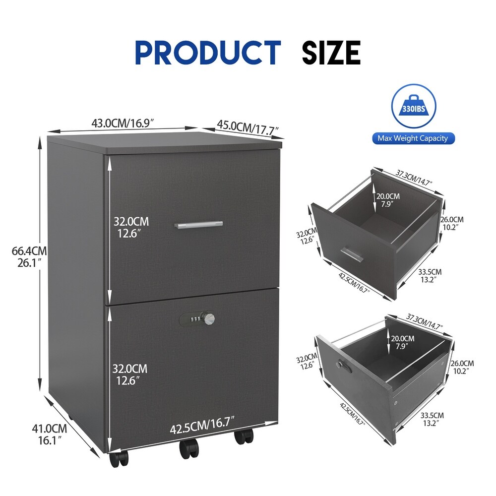 Pulley Movable File Cabinet with 2 Drawers and Combination Lock
