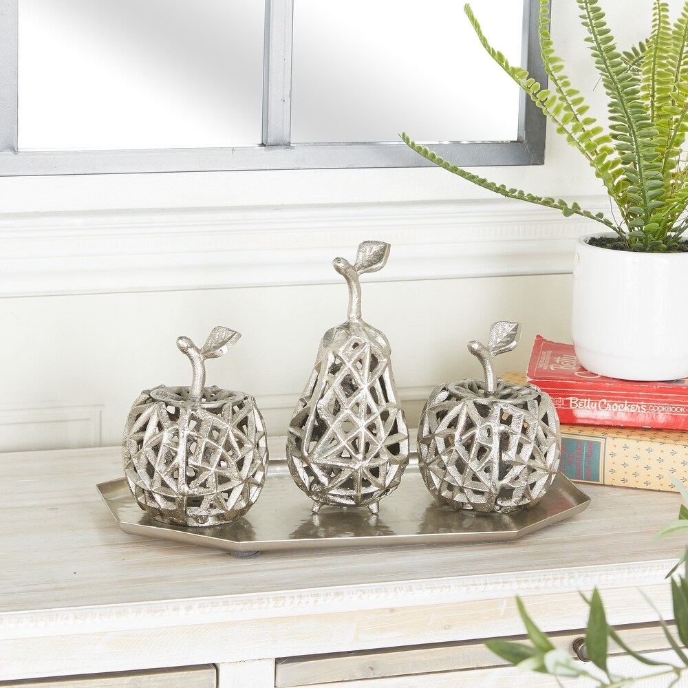 Silver Aluminum Decorative Cut Out Fruit Sculpture with Platter   14 x 8 x 8