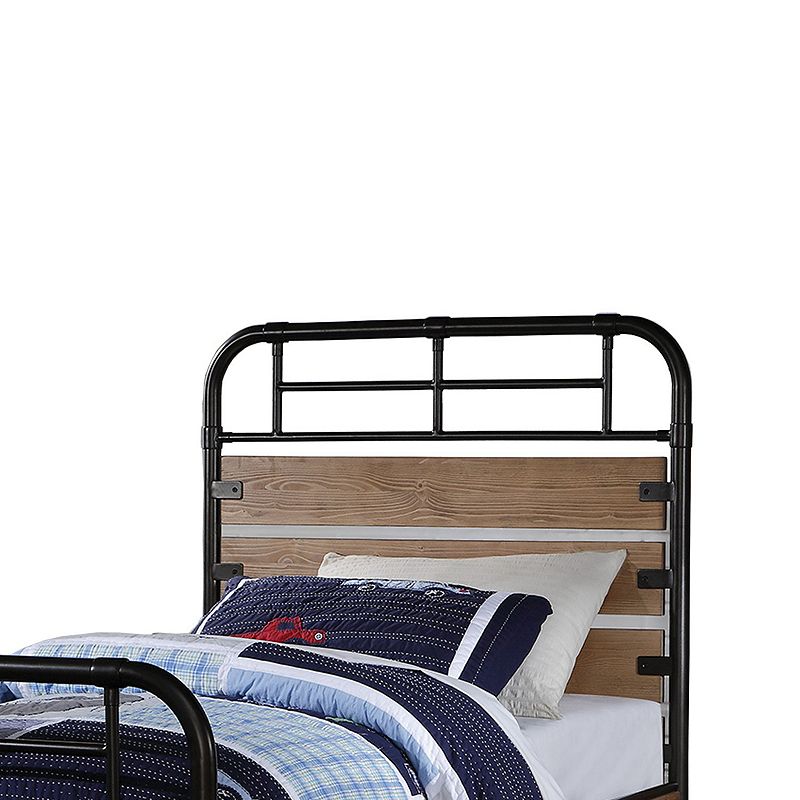 Industrial Style Metal and Wood Twin Size Bed with Slated Headboard， Black and Brown