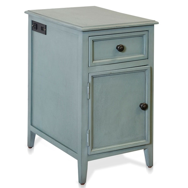 Aged Seafoam Side Table With Drawer and Cabinet