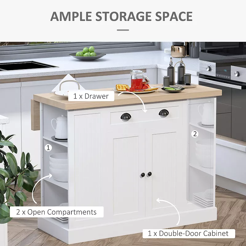 HOMCOM 47 Fluted Style Wooden Kitchen Island Kitchen Countertop Storage Cabinet with Drop Leaf Drawer Open Shelves Storage White