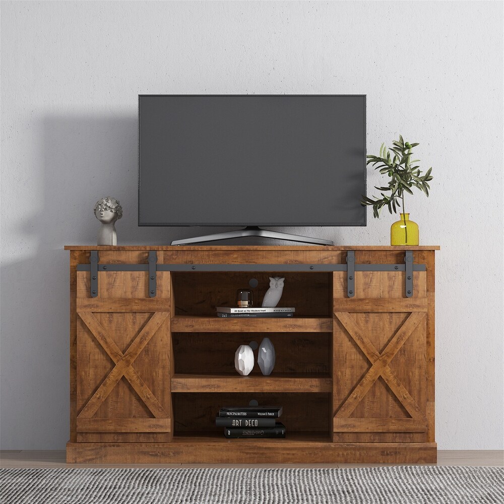 Farmhouse TV Stand with Sliding Barn Door and Wood Storage Cabinet