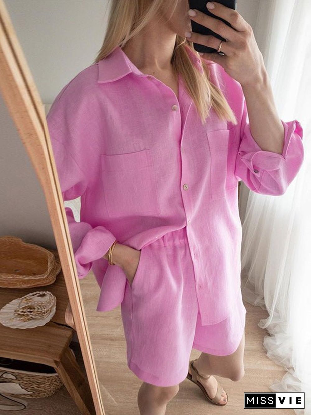 Women'S Sets Long Sleeve Shirt & Elastic Waist Shorts Two-Piece Set