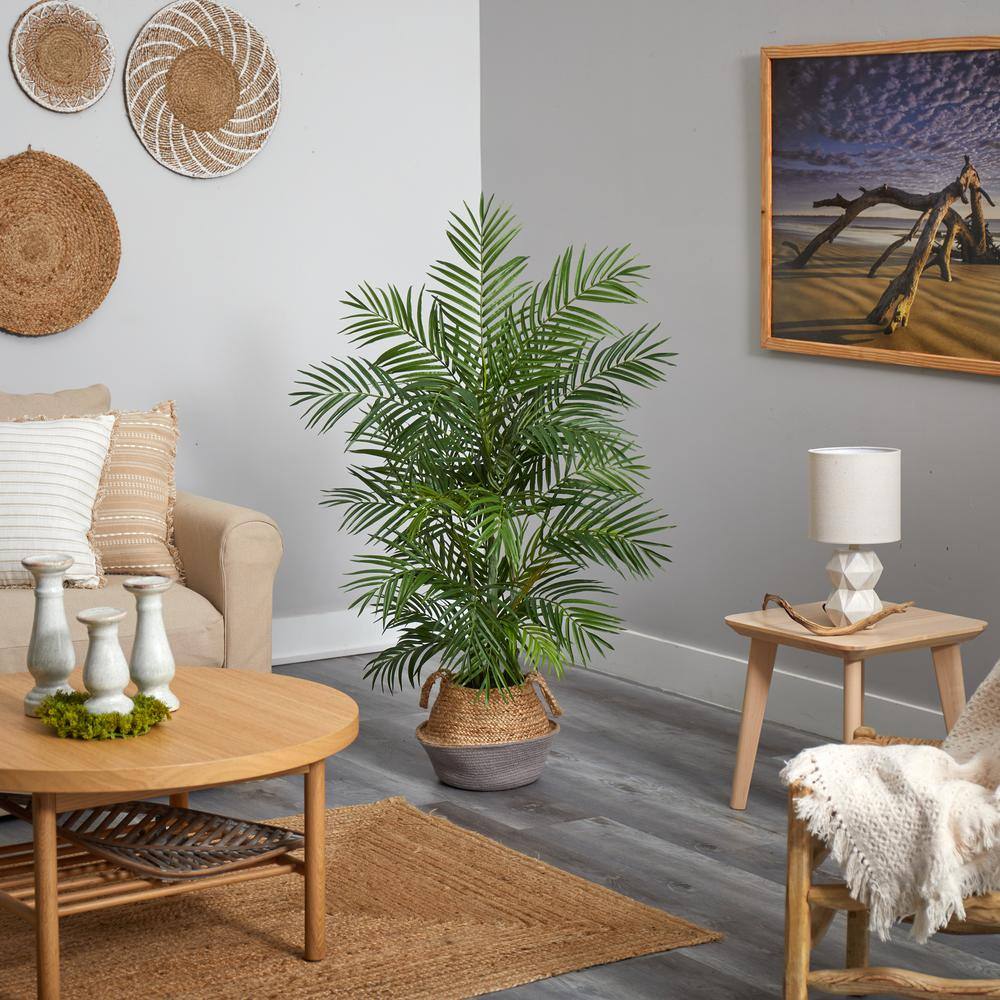 Nearly Natural 4 ft. Green Areca Artificial Palm Branches in Boho Chic Handmade Cotton and Jute Gray Woven Planter T2932