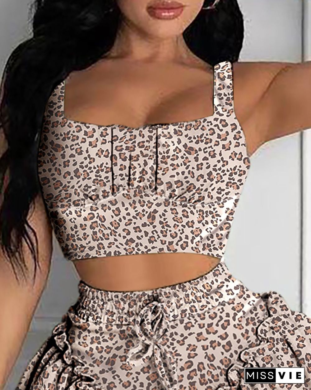 Cheetah Print Top & Drawstring Frill Hem Skirt Set