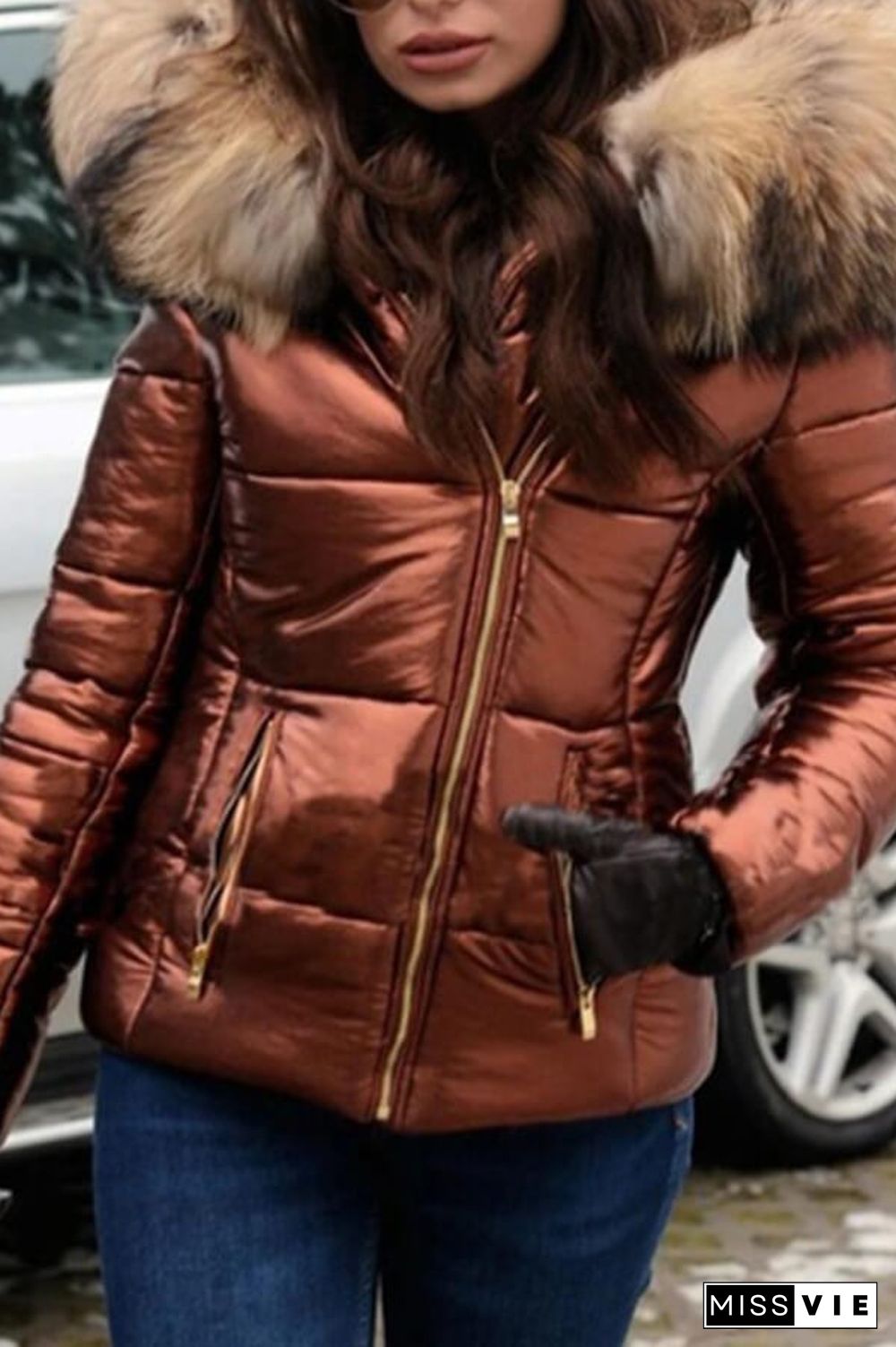 Fashion Solid Color Thick Fur Collar Down Jacket