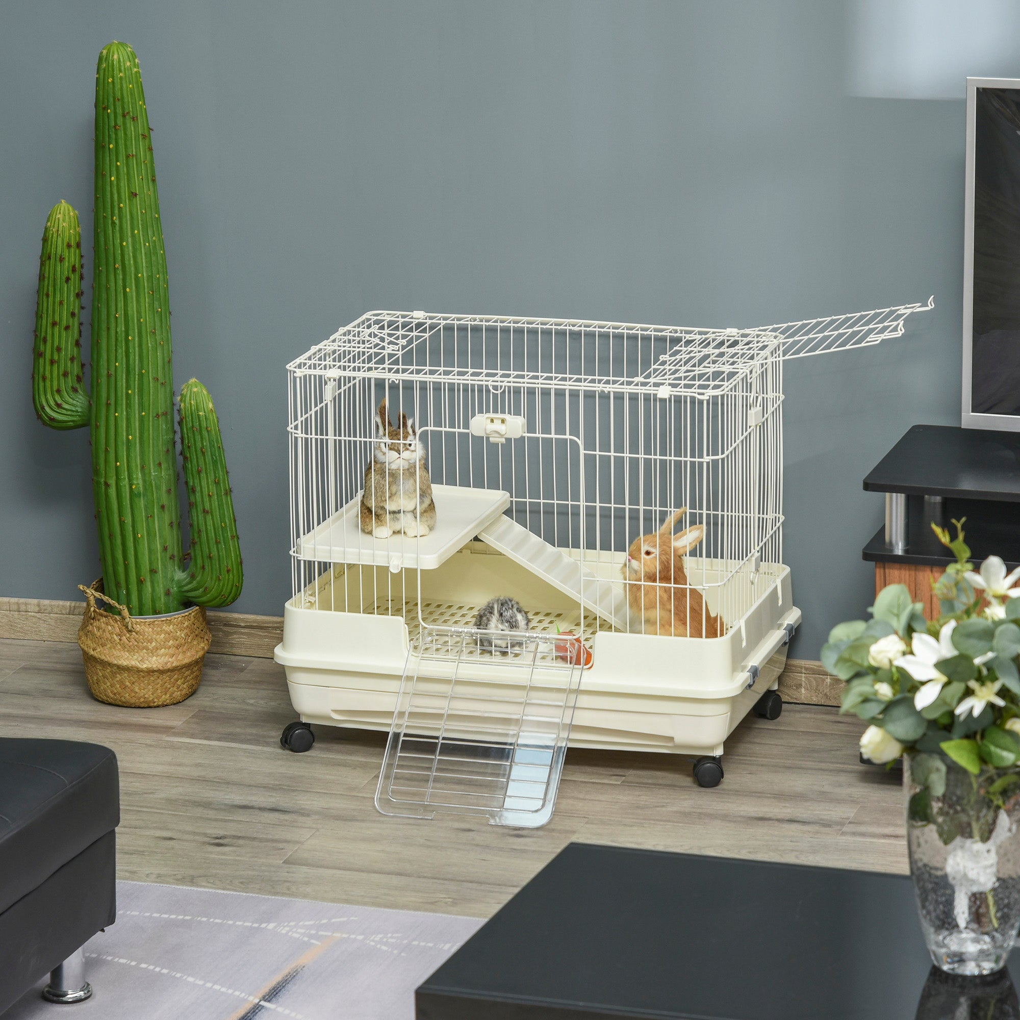 Pawhut Small Animal Habitat Cage with Wheels， White