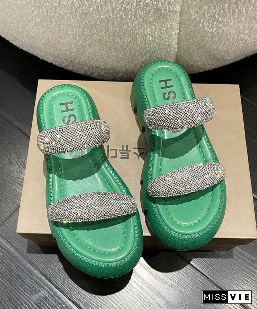 Elegant Splicing Platform Slide Sandals Peep Toe Green Zircon