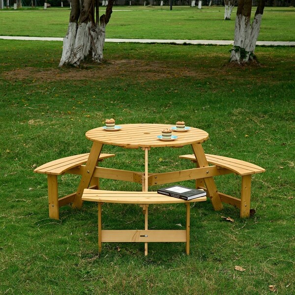 6 Person Outdoor Picnic Table with Bench，Round Pinic Table w/ 3 Bulitin Benches and Umbrella Hole，Outside Table and Bench Set