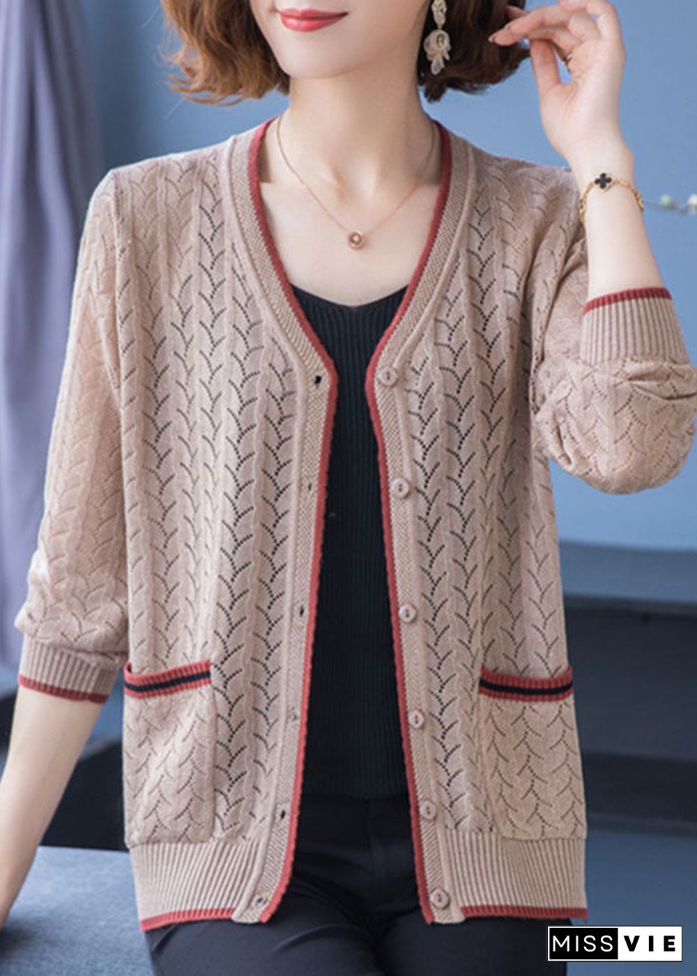 French Light Camel V Neck Pockets Hollow Out Patchwork Thin Knit Cardigan Fall