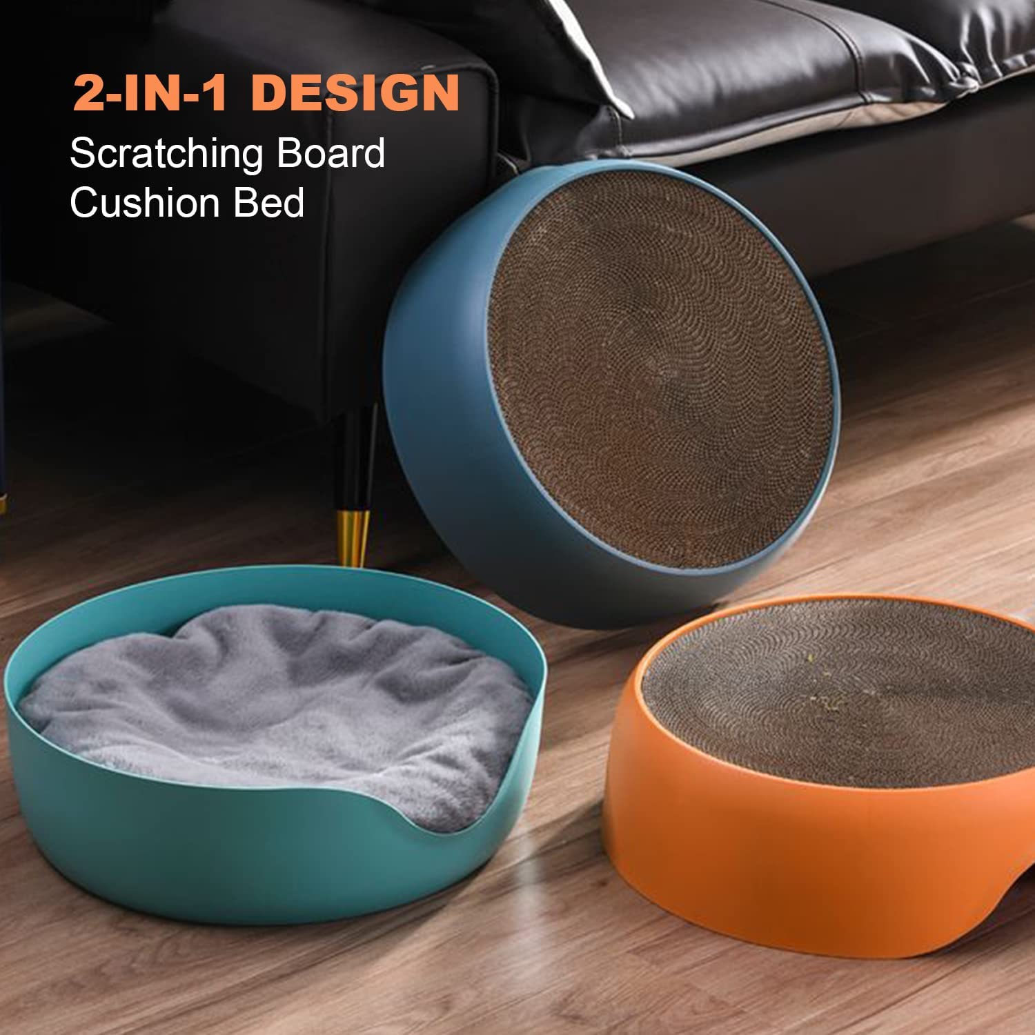 Absob 2-in-1 Cat Scratcher Cardboard Cat Scratching Pad Round Scratch Couch Bed with Fluff Cushion Orange