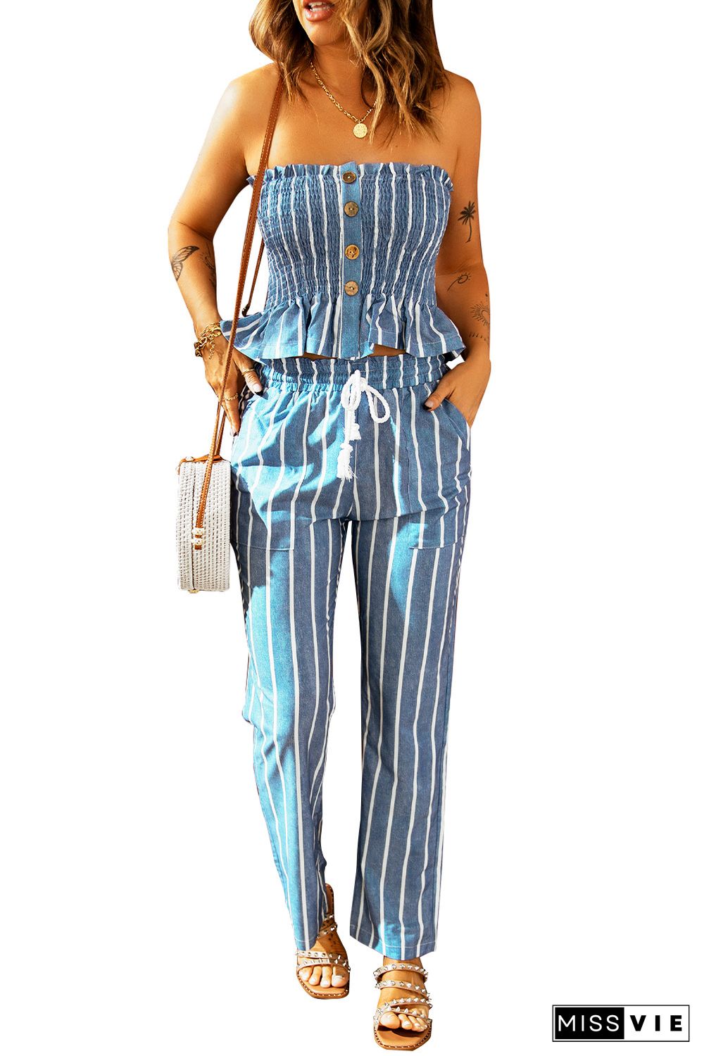 Smocked Striped Tube Top and Pants Set