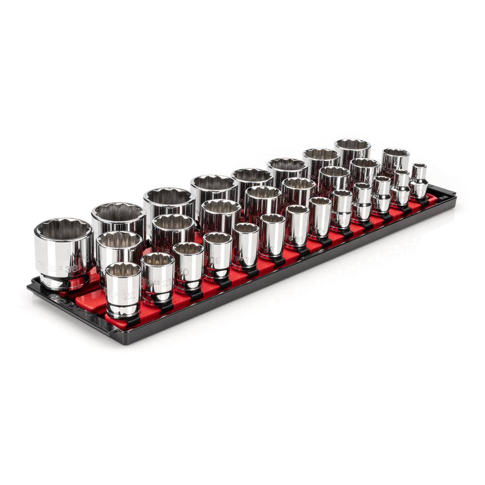 TEKTON 12 in. Drive 12-Point Socket Set with Rails (10 mm-38 mm) (29-Piece) SHD92128