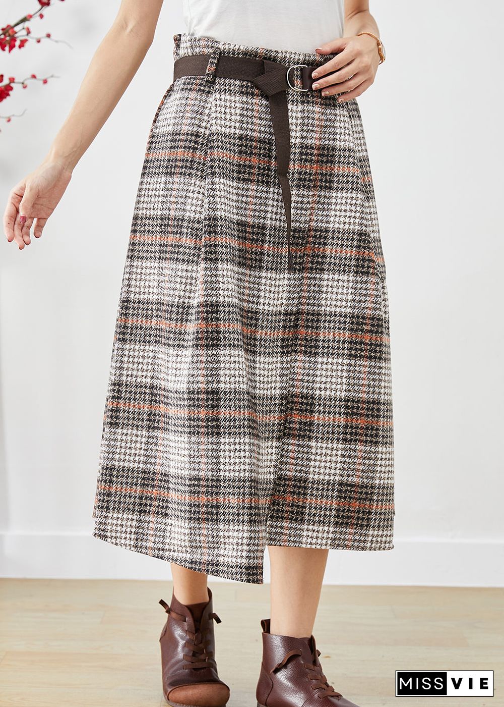 Beige Plaid Woolen Skirts Asymmetrical High Waist Fall