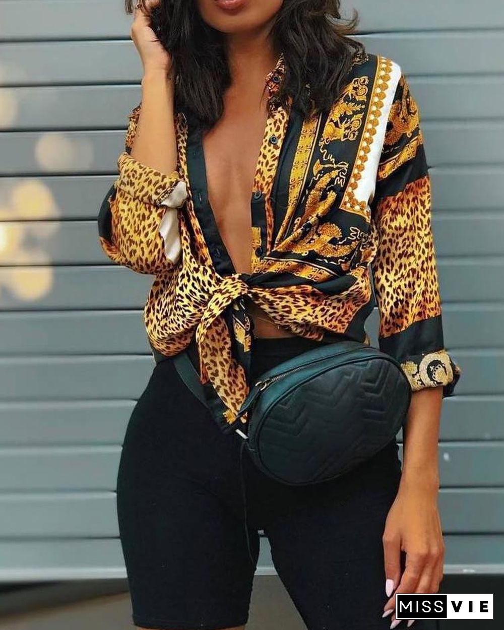 Leopard Print Knot Front Long Sleeve Blouse