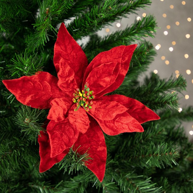 Glittered Red Velvet Christmas Poinsettia Stem Spray