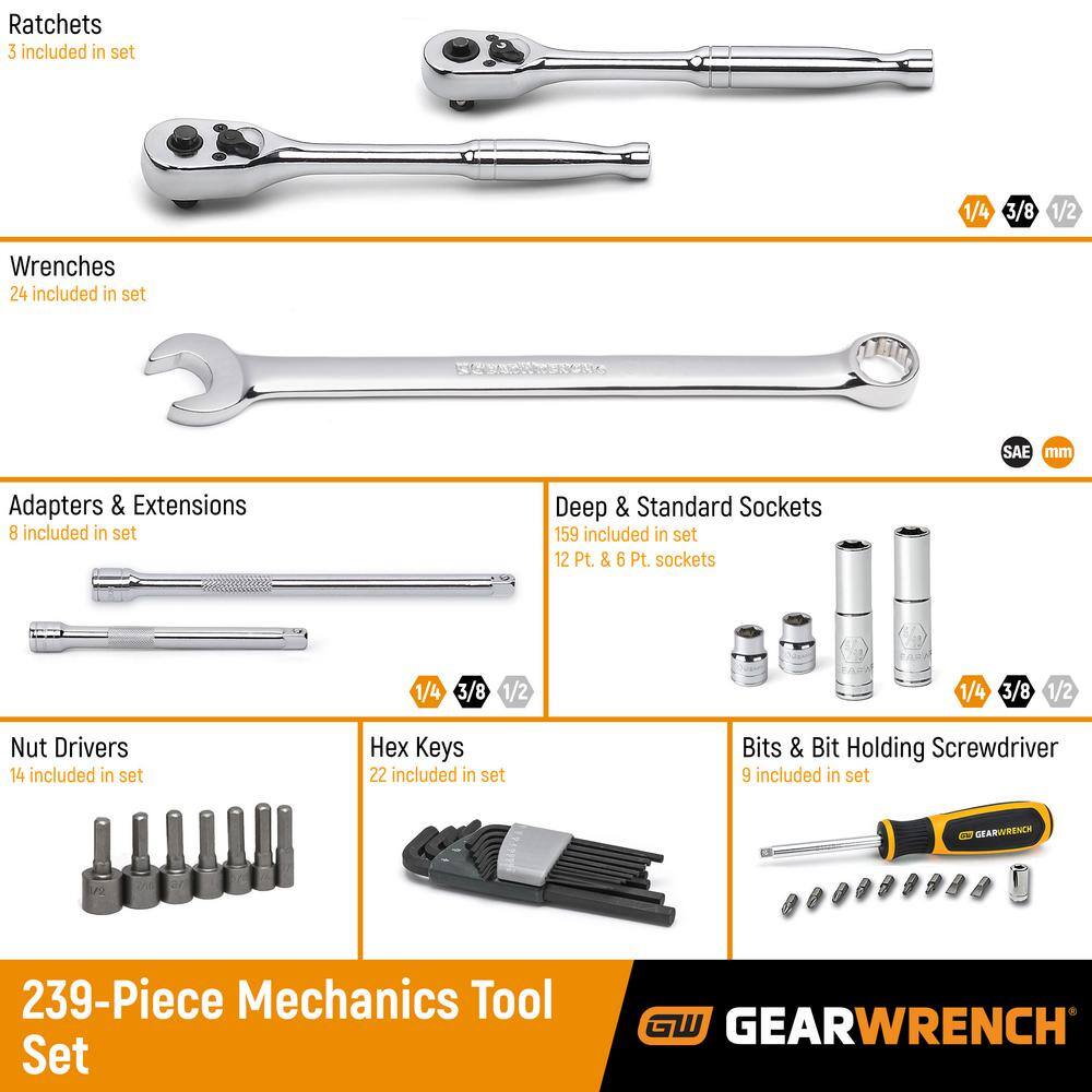 GEARWRENCH 14 in. 38 in. and 12 in. Drive Standard and Deep SAEMetric Mechanics Tool Set in 3-Drawer Storage Box (239-Piece) 80942