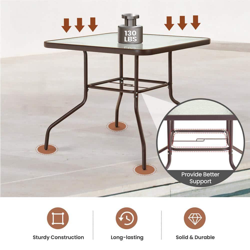 Pellebant 335 in Square Metal Outdoor Dining Table with Umbrella Hole and Tempered Glass Tabletop