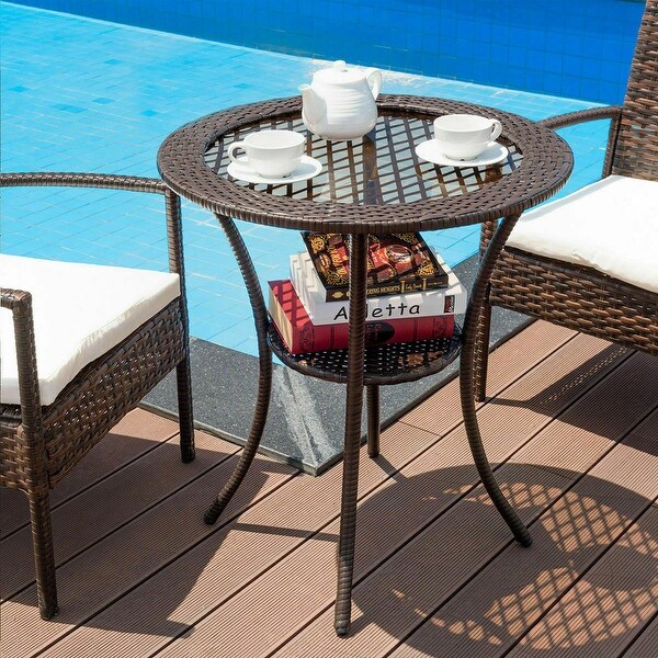 Gymax Round Rattan Wicker Coffee Table Glass Top Steel Frame Patio