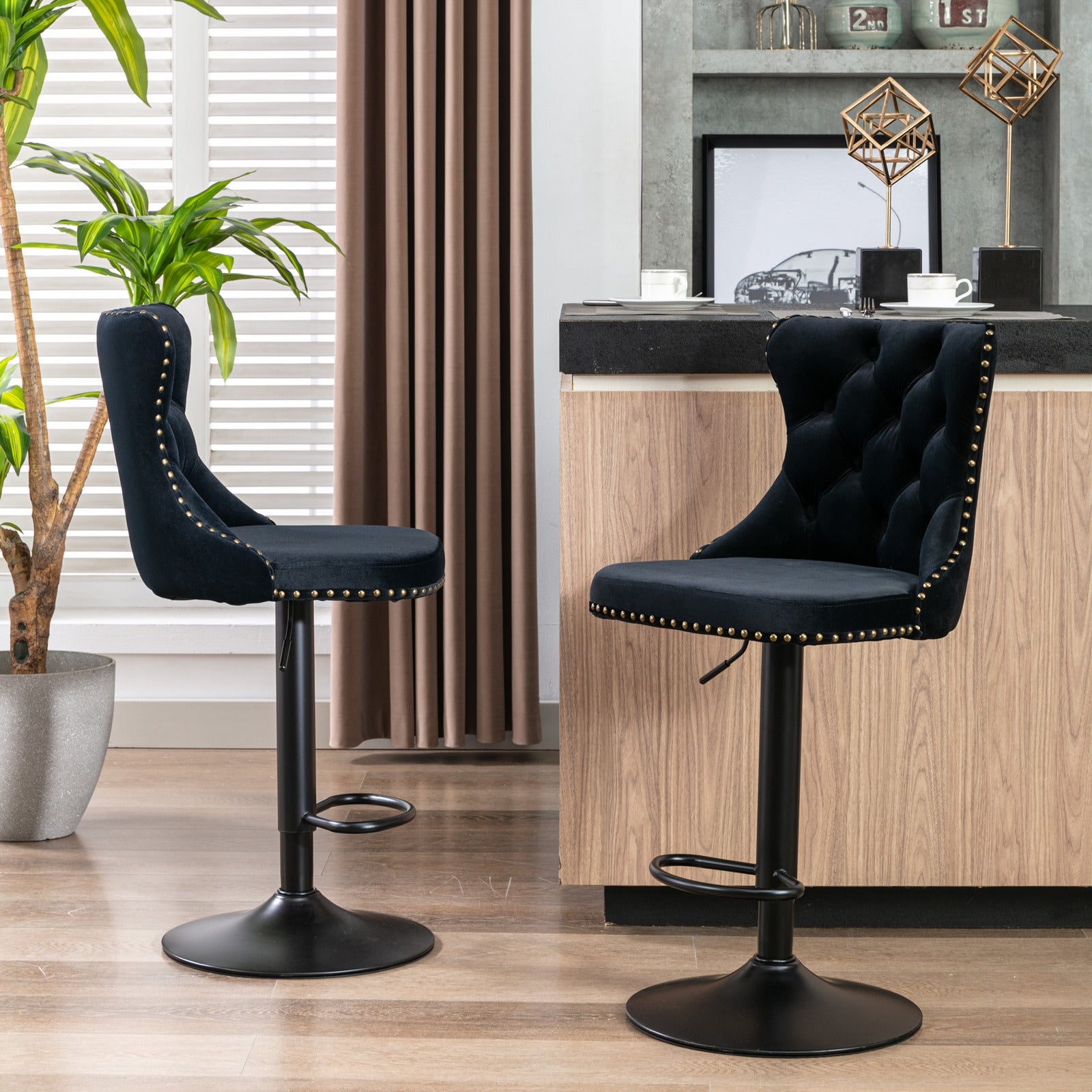 Set of 2 Swivel Velvet Barstools with Backs Comfortable Tufted