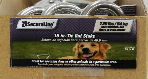 Secureline Item# 7517W, Spiral Tie Out Stake, Zinc Plated, 16", 1 Each, Hardware.  Tie out pets.  Easy to use just twist into the ground.  Swivel ring to secure pet lead.