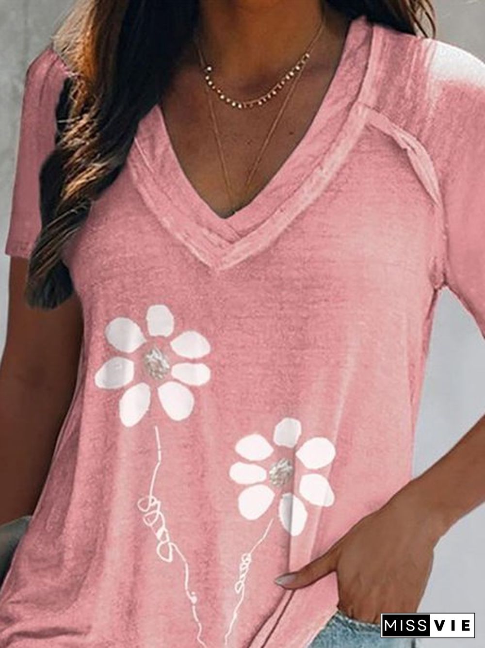 Floral Short Sleeve V Neck Casual T-Shirt