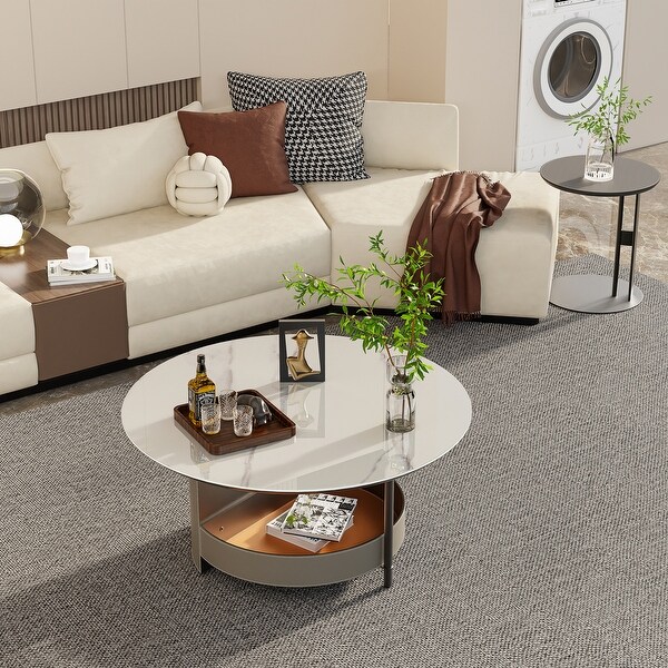 Sintered Stone Round Coffee Table Microfiber Saddle Leather Covered