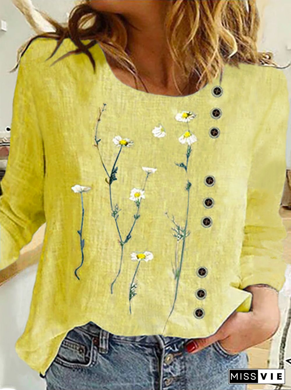 Plus size Casual Floral Long Sleeve Tops