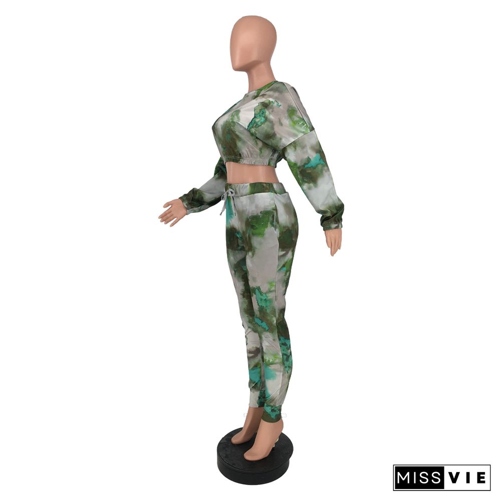 Tie Dye Long Sleeve Crop Top Pants Set