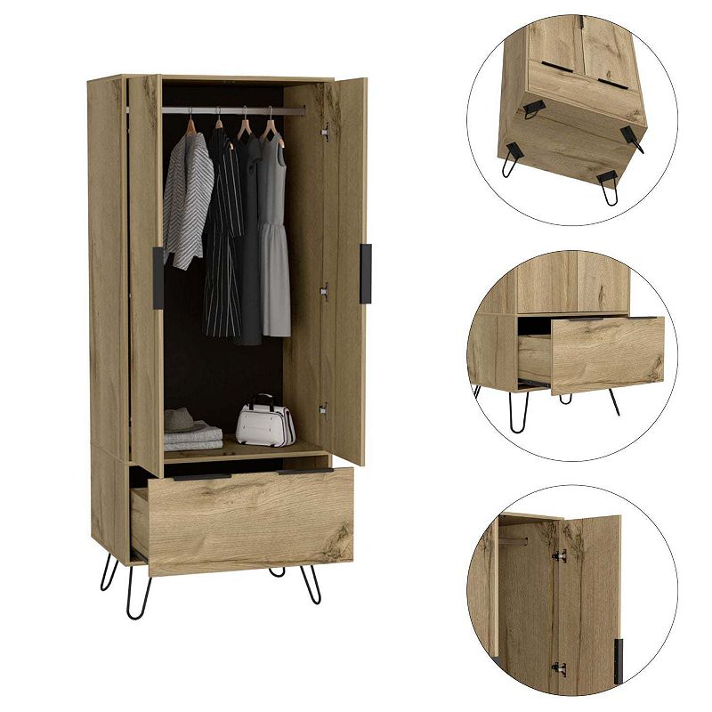 DEPOT E-SHOP Begonia Closet， One Drawer， Double Door Cabinet ， Hairpin Legs， Light Oak