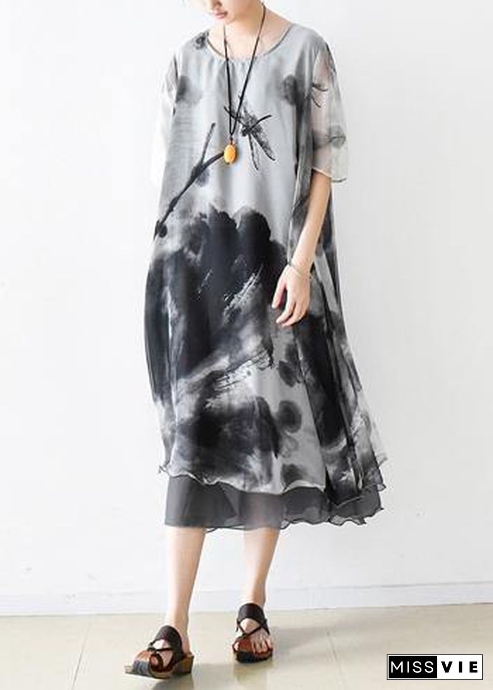 Italian gray print chiffon clothes For Women plus size Fashion Ideas o neck pockets Summer Dress