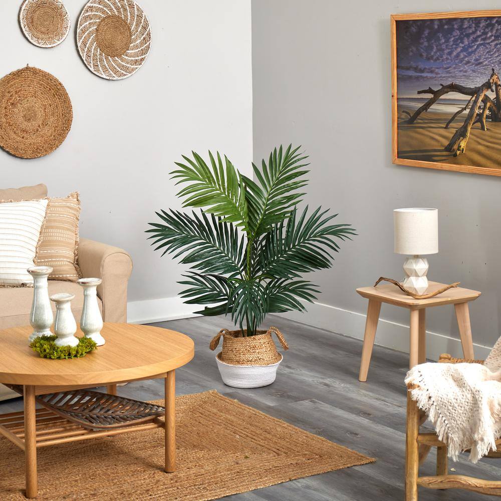 Nearly Natural 4 ft. Green Kentia Palm Artificial Tree in Boho Chic Handmade Cotton and Jute White Woven Planter T2938