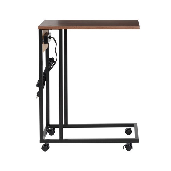 Walnut/Black C-Shape Rolling Side Table with Outlets