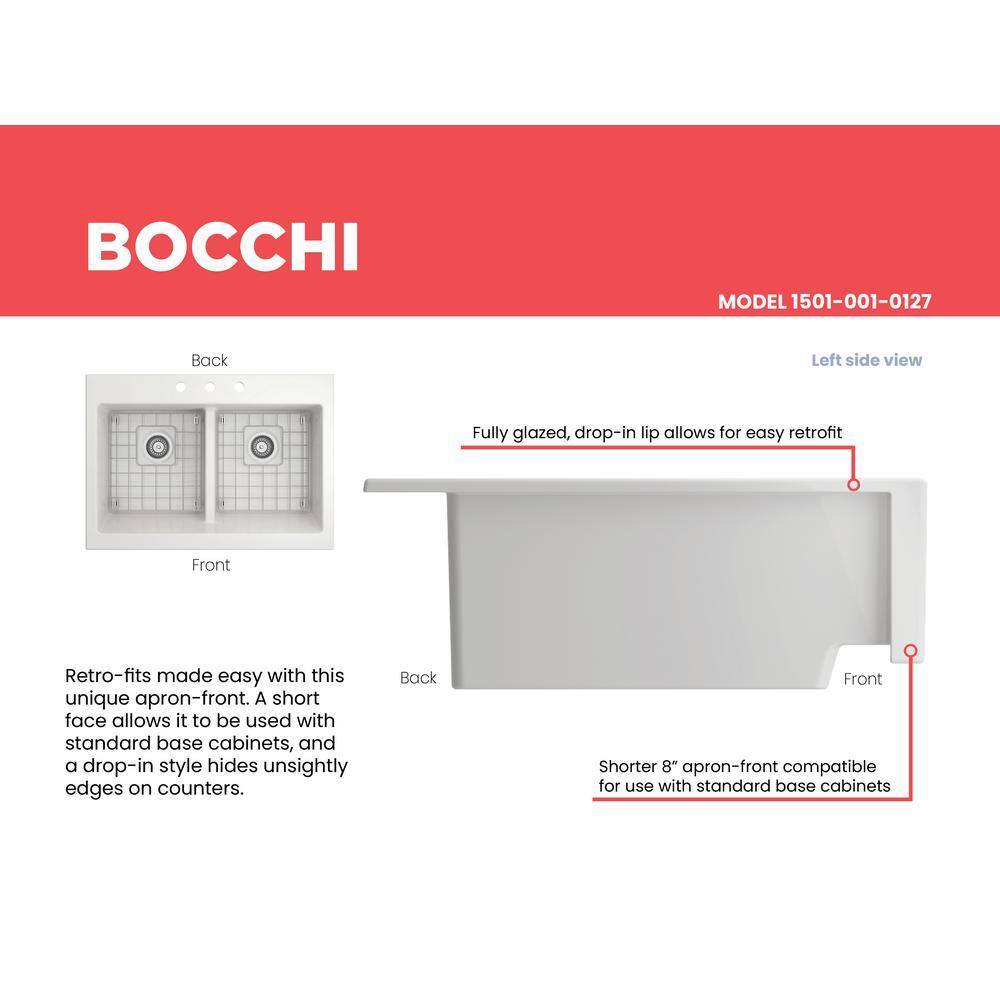 BOCCHI Nuova White Fireclay 34 in. Double Bowl Drop-In Apron Front Kitchen Sink with Protective Grids and Strainers 1501-001-0127