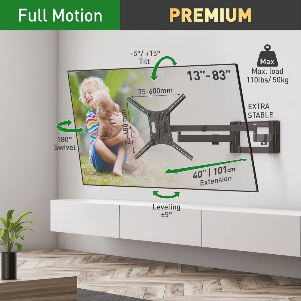 Barkan a Better Point of View Barkan 13 in. - 80 in. Full Motion - 4 Movement Extra-Long Dual Arm FlatCurved TV Wall Mount Black Extremely Extendable BM464XL