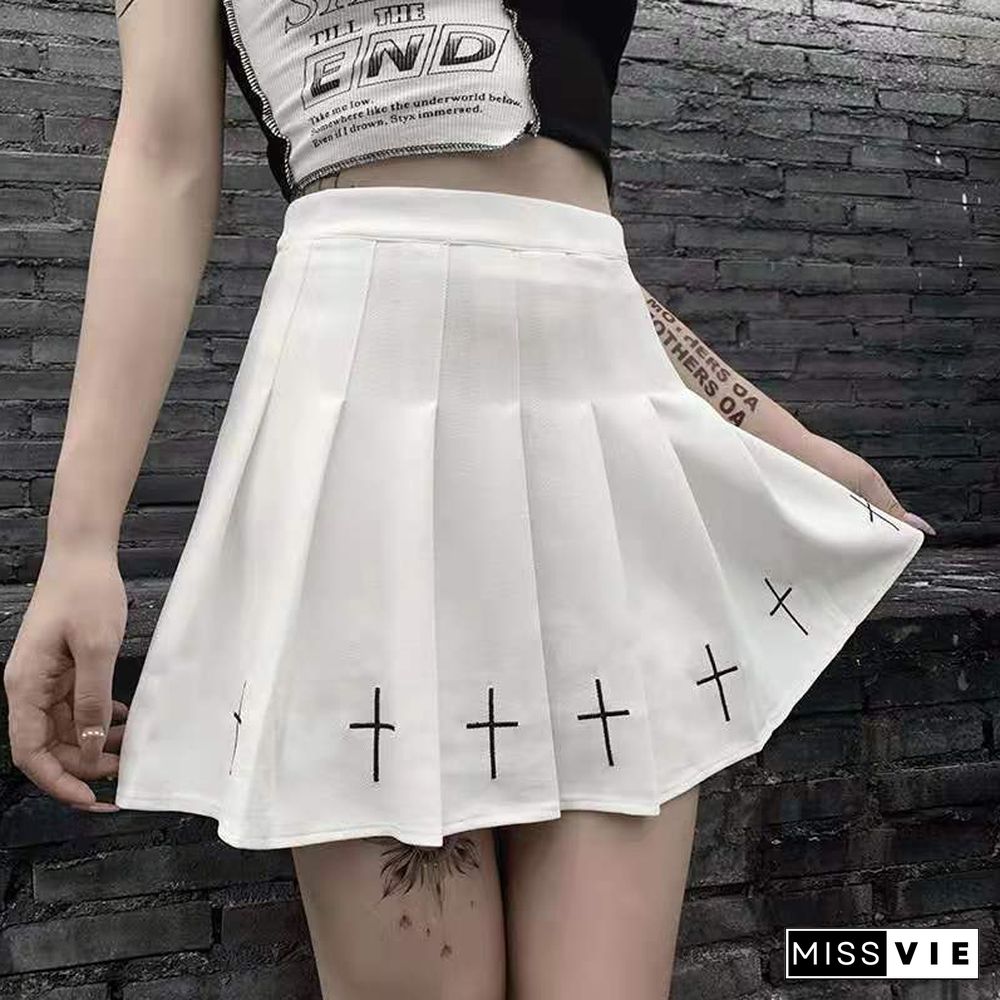 High Waist Mini Black Skirts Gothic Streetwear Cross Print Pleated Women Skirts Casual College Lolita Harajuku Skirt