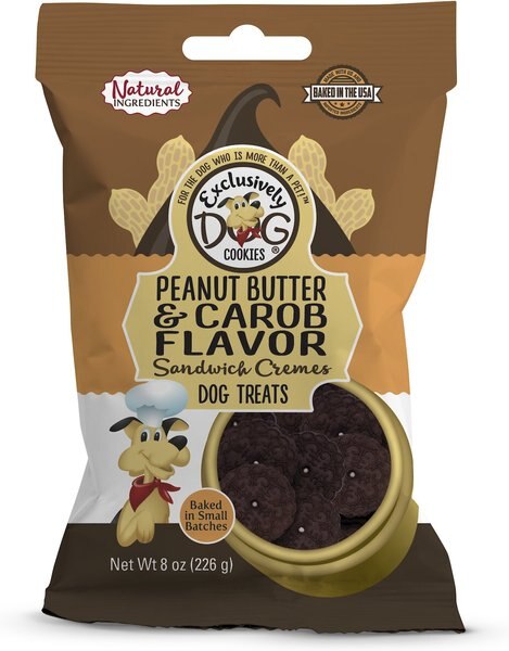 Exclusively Dog Peanut Butter and Carob Flavor Sandwich Cremes Dog Treats， 8-oz bag